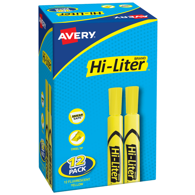 AVERY PRODUCTS CORPORATION 24000 Avery Hi-Liter SmearSafe Highlighters, Chisel Tip, Desk-Style, Yellow, Pack Of 12 Highlighters