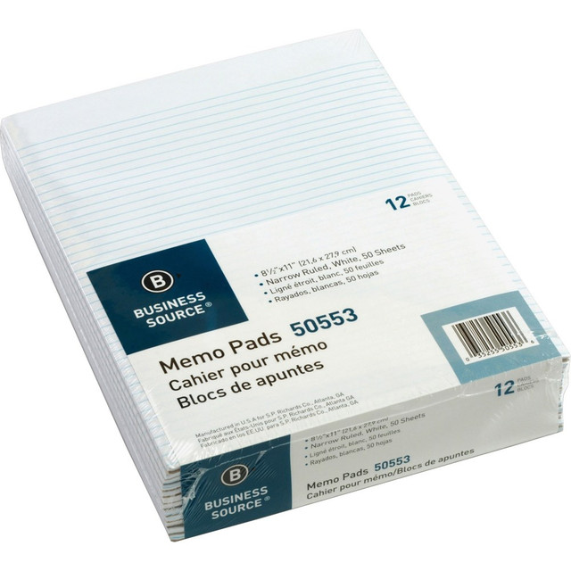 SP RICHARDS 50553 Business Source Glued Top Ruled Memo Pads - Letter - 50 Sheets - Glue - Narrow Ruled Front Ruling - 16 lb Basis Weight - Letter - 8 1/2in x 11in Sheet Size - White Paper - 1 Dozen SP RICHARDS 50553 Business Source Glued Top Ruled Memo Pads - Letter - 50 Sheets - Glue - Narrow Ruled Front Ruling - 16 lb Basis Weight - Letter - 8 1/2in x 11in Sheet Size - White Paper - 1 Dozen