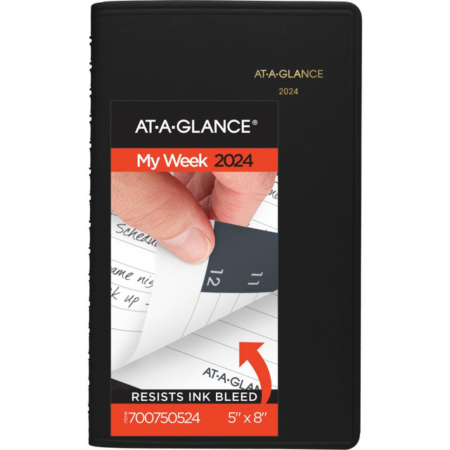 ACCO BRANDS USA, LLC 700750524 2024 AT-A-GLANCE Weekly Appointment Book Planner, 5in x 8in, Black, January To December 2024, 7007505