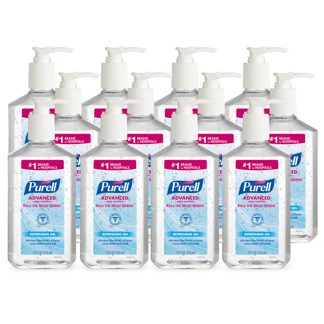 PURELL Advanced Hand Sanitizer is proven to kill 99.99 percent of most common germs that may cause illness. While it's tough on germs, the formulation is mild on skin. With a blend of four moisturizers, hands feel soft, even with frequent use.  Show you care about well-being with PURELL Advanced Hand Sanitizer Refreshing Gel, which eliminates 99.99% of most common germs that may cause illness  Features a refreshing clean scent and evaporates quickly for easy, convenient sanitizing when soap and water aren't available  Mild formula and a blend of four moisturizers means hands feel soft even with frequent use; it's free of triclosan, parabens, phthalates, and preservatives so it doesn't dry out or irritate skin  70% alcohol gel hand sanitizer helps reduce bacteria on the skin  Place these 12 fl oz pump bottles in high-traffic areas where frequent hand sanitization is needed, including classrooms, reception areas, breakrooms, desks, administrative offices, and more  Case includes: 12 - PURELL Advanced Hand Sanitizer Refreshing Gel, Clean Scent, 12 fl oz pump bottles  Cradle to Cradle Gold certified - reduced environmental impact from an overall lifecycle standpoint. Ranked in five tiers: Basic, Bronze, Silver, Gold, and Platinum.  Less harsh chemicals - made with fewer harsh chemicals, or safer chemicals than typical alternatives, helping  reduce your use of and exposure to substances that may be more harmful to your health and the environment.