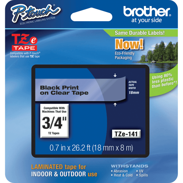 BROTHER INTL CORP Brother TZE141  TZe-141 Black-On-Clear Tape, 0.75in x 26.2ft