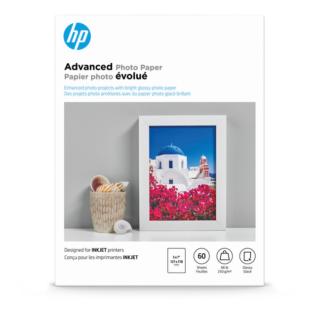 HP INC. HP Q8690A  Advanced Photo Paper for Inkjet Printers, Glossy, 5in x 7in, 66 Lb., Pack Of 60 Sheets (Q8690A)