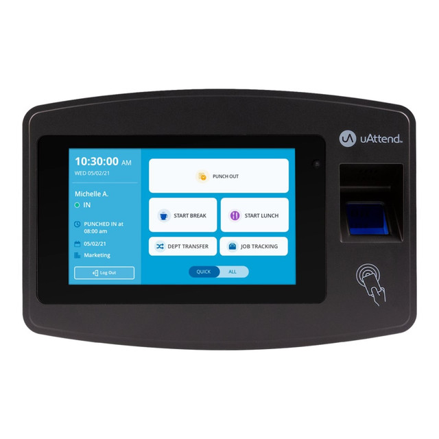 Keep your business running like clockwork with the uAttend Fingerprint Time Clock. This Wi-Fi time clock is an easy-to-use scheduling system that offers multiple ways for employees to check-in at the beginning and end of their shift.  Biometric time clock system scans employees fingertips for simple and secure identification and accurate recording times. Also offers RFID and PIN-punching options.  Ready for continuous functionality - even during an outage. Captures every punch while in offline mode and syncs it to the system once connectivity resumes.  Touch-screen menu with user-friendly options, like department transfers and job tracking accessibility, help make setup a snap.  Register and pair new employees finger scans directly on the time clock for simple onboarding.  Wi-Fi and LAN interface let you connects to the Cloud. Download the iOS or Android smartphone app for easy access from virtually anywhere.  Powered by external power adapter.  Wall-mountable for placement where its most convenient.  Includes a metal backplate, a LAN cord, a power adapter, 4 drywall anchors, 4 screws, and 2 small bracket screws.  Please Note: A monthly Cloud subscription is required.  Backed by the manufacturers limited lifetime warranty.