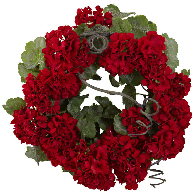 NEARLY NATURAL INC. Nearly Natural 4986  Geranium Wreath, 17in x 4in, Red/Green