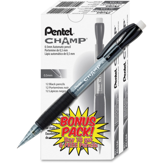 PENTEL OF AMERICA, LTD. AL15ASW2 Pentel Champ Mechanical Pencil, 0.5mm, #2 Lead, Black Barrel, Pack Of 24