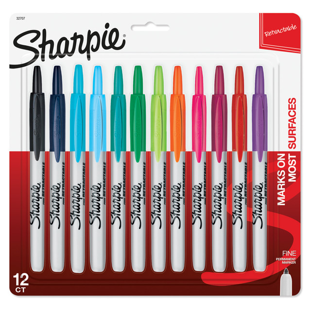 NEWELL BRANDS INC. 32707 Sharpie Retractable Permanent Markers, Fine Point, Assorted, Box Of 12 NEWELL BRANDS INC. 32707 Sharpie Retractable Permanent Markers, Fine Point, Assorted, Box Of 12