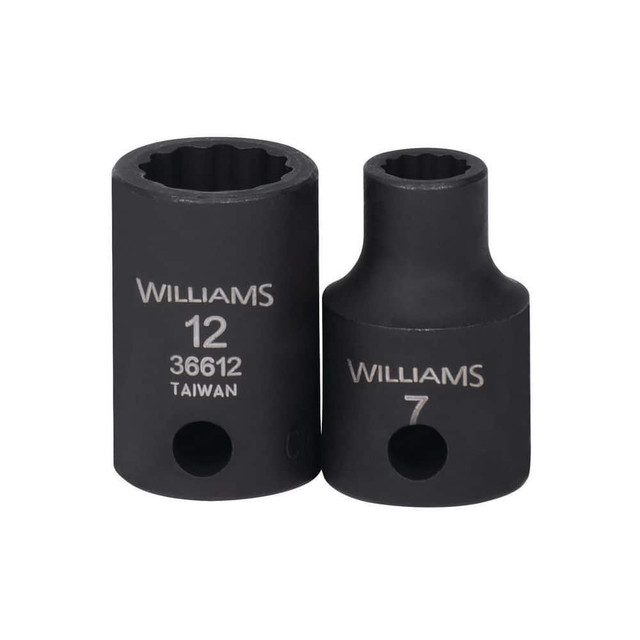 Williams JHW36612 Impact Sockets; Number Of Points: 12 ; Drive Style: Square ; Overall Length (mm): 28.57mm ; Material: Steel ; Finish: Black Oxide ; Insulated: No