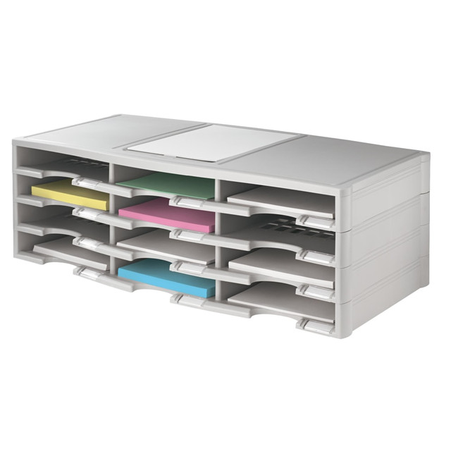 Features 12 compartments to separate forms, brochures, or mail  Each compartment holds up to 1 ream of paper.  Stackable and expandable for convenience.  Includes snap-in acrylic label holders for easy identification of contents.  Durable plastic construction.  Snaps together for easy assembly.