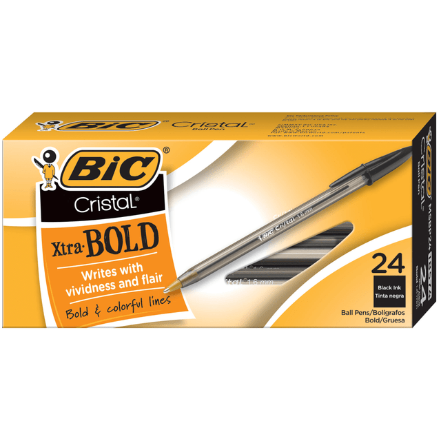 BIC CORP BIC MSBP241-BLK  Cristal Bold Ballpoint Pens, Extra Bold Point, 1.6 mm, Translucent Smoked Barrel, Black Ink, Pack Of 24 Pens