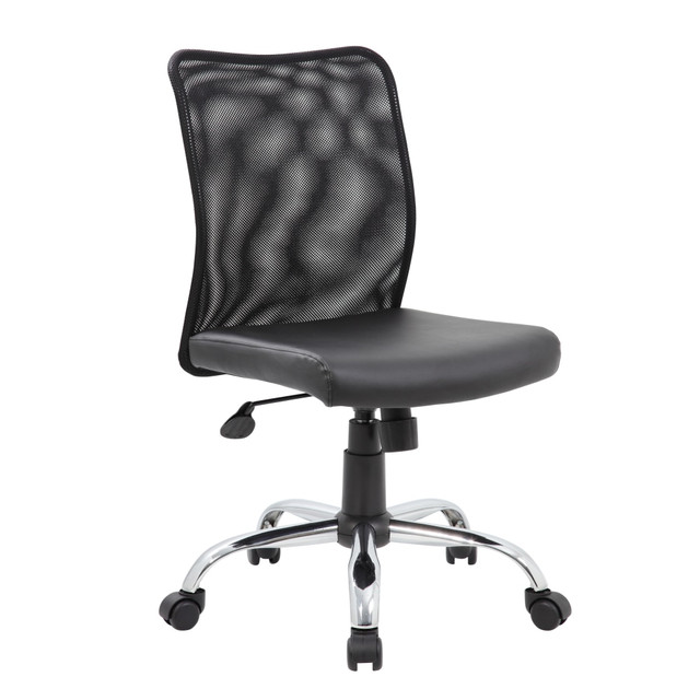 Bring comfort and style to your office with this Boss mesh task chair. The contemporary armless design with a vinyl-cushioned seat adds a touch of sophistication, while the breathable mesh back provides comfort. Featuring 2-inch nylon dual casters, this chair smoothly glides around the office. This Boss task chair has a pneumatic gas lift for effortless height adjustment, and the spring tilt mechanism lets you control your orientation.  Vinyl seat upholstery and mesh back offer a professional look.  Cushioned seat and contoured back provide support.  Pneumatic gas lift lowers and raises the seat.  Spring tilt mechanism adjusts the sitting angle.  25in chrome base with castors for stability and mobility.
