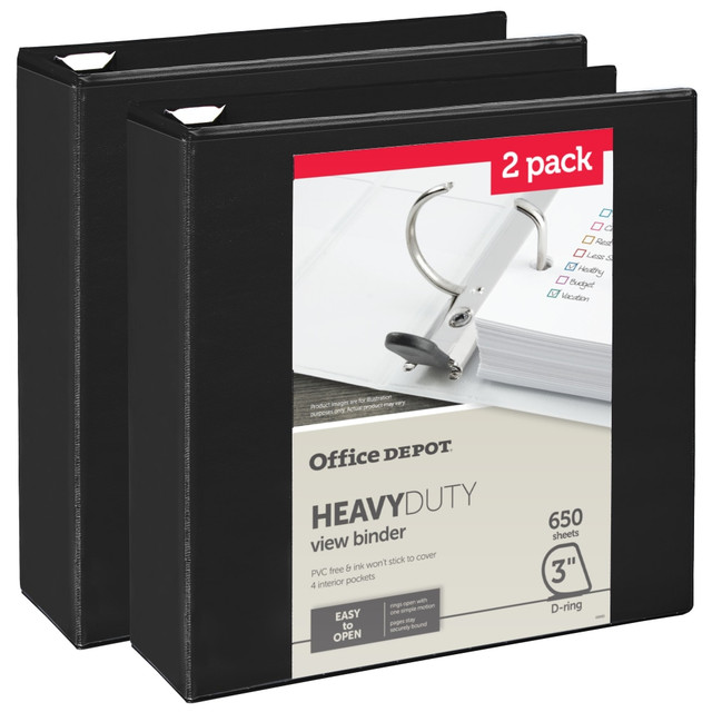 OFFICE DEPOT OD03146  Heavy-Duty View 3-Ring Binder, 3in D-Rings, Black, 49% Recycled, Pack Of 2