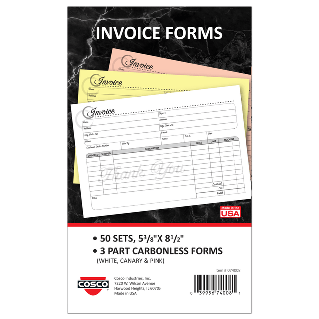 CONSOLIDATED STAMP MFG CO 074008 COSCO Service Invoice Form Book With Slip, 3-Part Carbonless, 5-3/8in x 8-1/2in, Artistic, Book Of 50 Sets