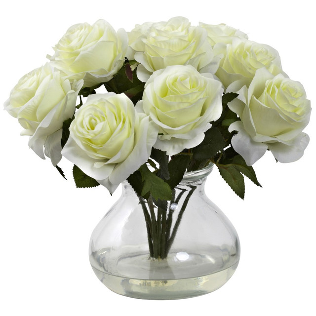 NEARLY NATURAL INC. 1367-WH Nearly Natural Rose 11inH Plastic Floral Arrangement With Vase, 11inH x 11inW x 11inD, White NEARLY NATURAL INC. 1367-WH Nearly Natural Rose 11inH Plastic Floral Arrangement With Vase, 11inH x 11inW x 11inD, White