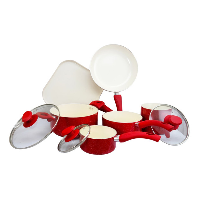 Prepare your favorite meal for friends and family with an Oster Cookware Set. Each durable piece is crafted from high-quality metal for long-lasting use.  Each piece is crafted from durable metal.  Built-in handles for easy carrying.  Includes a 4-quart dutch oven with lid, a 2-quart saucepan with lid, a 1-quart saucepan with lid, a 10in frying pan, a 11in griddle pan and a 1.95-quart milk pot.  Ceramic non-stick interiors.  Soft grip Bakelite handles.  Compatible with gas, electric and vitroceramic stove tops.  Hand wash recommended.