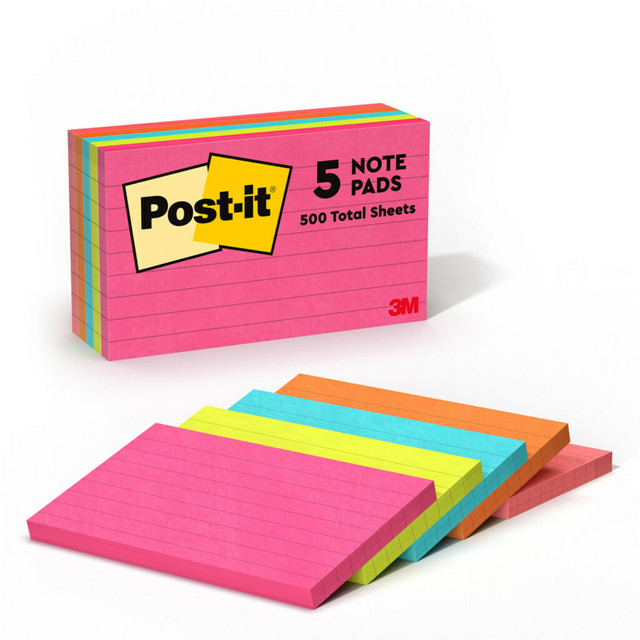 3M CO 635-5AN Post-it Notes, 5 Pads, 3 in x 5 in, Clean Removal, School Supplies and Office Products, Sticky Notes for Vertical Surfaces, Monitors, Walls and Windows, Poptimistic Collection, Lined