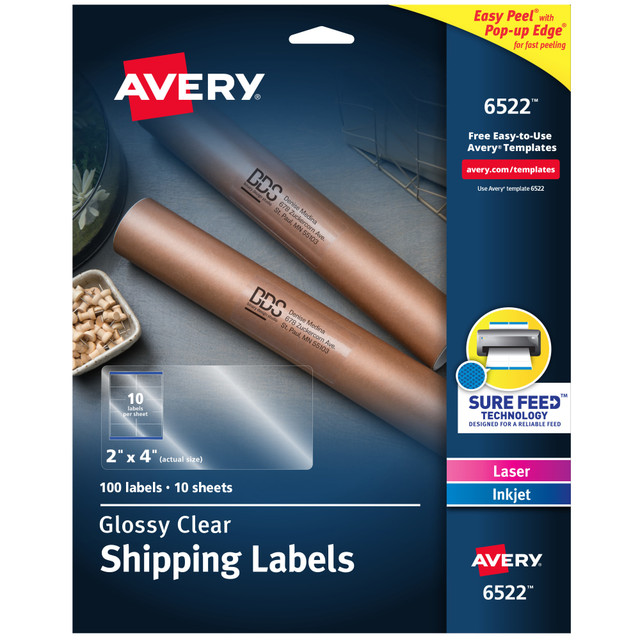 AVERY PRODUCTS CORPORATION Avery 6522  Glossy Permanent Labels, 6522, Shipping, 2in x 4in, Clear, Pack Of 100