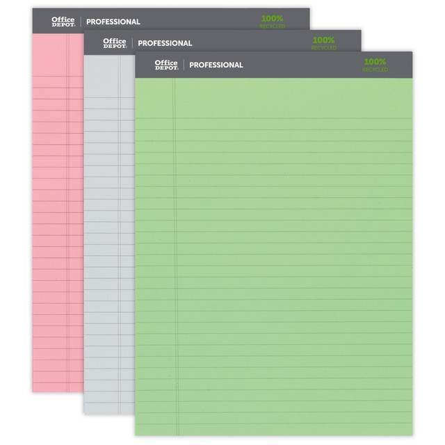 OFFICE DEPOT 99494  Brand Professional Writing Pads, 8 1/2in x 11 3/4in, Legal/Wide Ruled, 50 Sheets, Assorted Colors, Pack Of 3