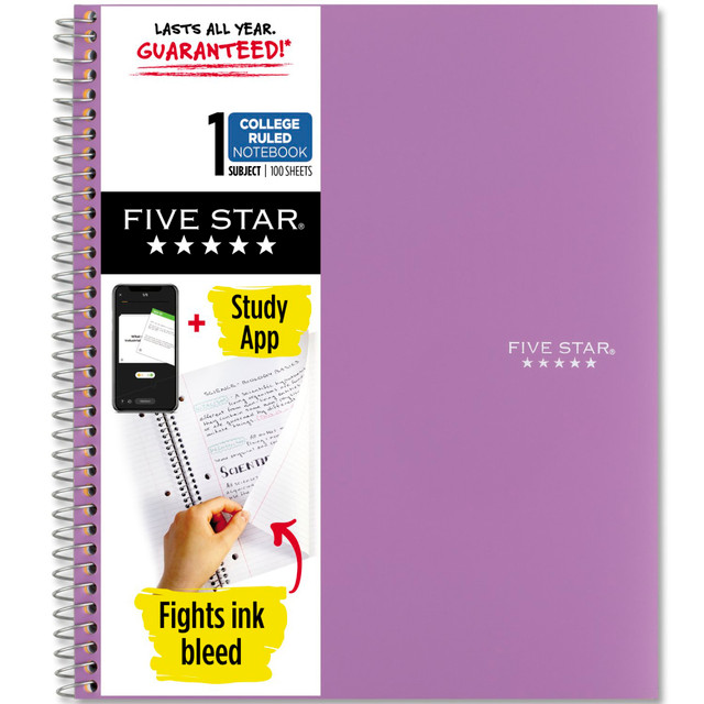 ACCO BRANDS USA, LLC 820002CF1-ECM Five Star Wire-Bound Notebook, 8-1/2in x 11in, 1 Subject, College Ruled, 100 Sheets, Amethyst Purple