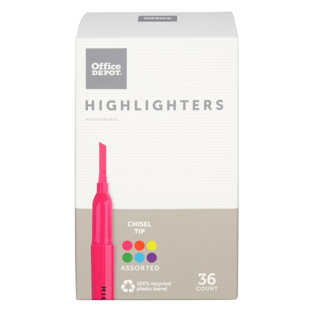 OFFICE DEPOT H-2111B36/ASS  Brand Pen-Style Highlighters, Chisel Tip, 100% Recycled Plastic Barrel, Assorted Colors, Pack Of 36