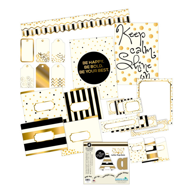 Add glamorous style to your classroom with this Barker Creek Gold Bulletin Board Set. The combination of letters, numbers, borders, file folders and more provides you with the pieces you need to create a cohesive look.  479-piece set includes a 255-piece letter pop-outs, as well as motivational posters, file folders, borders, accents, nameplates, name tags pockets and more.  Ideal for decorating your classroom and bulletin boards.  Made of card stock for durability.  Motivational posters help inspire students.  File papers, store mementos and photos in the folders.  Create messages with the 255-piece letter pop-outs, which includes uppercase and lower case letters, numbers and punctuation in English and Spanish.  Double-sided borders, accents and nameplates offer versatility.  Identify students and visitors with the self-adhesive name tags.  Easily attach the peel-and-stick pockets to bulletin boards and folders.  Golden design fills your room with style.