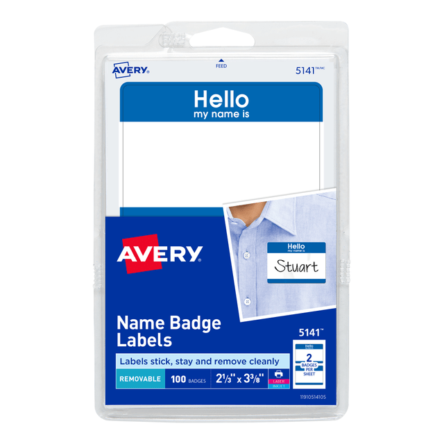 AVERY PRODUCTS CORPORATION 5141 Avery "Hello My Name Is" Name Tags, 05141, 2-1/3in x 3-3/8in, White With Blue Border, 100 Removable Name Badges