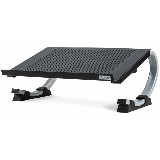 Raise your laptop to an ergonomic viewing height with the Allsop Redmond Adjustable Curve Laptop Stand. Adjust the height and tilt of the stand easily to view your screen comfortably from virtually any angle. The raised platform offers space to store office essentials underneath.  Compatible with most laptops up to 17in.  Front lip holds the laptop in place.  Ventilated platform dissipates heat and helps the laptop stay cool.  Store keyboard and office supplies underneath the raised platform.  Adjust height by sliding the feet along the sturdy curved legs.  Adjustable from 0 deg. to 27.5 deg..  In horizontal position, raises monitors 5in.  Weight capacity tested to support 40 lb.  Save time - no assembly required.