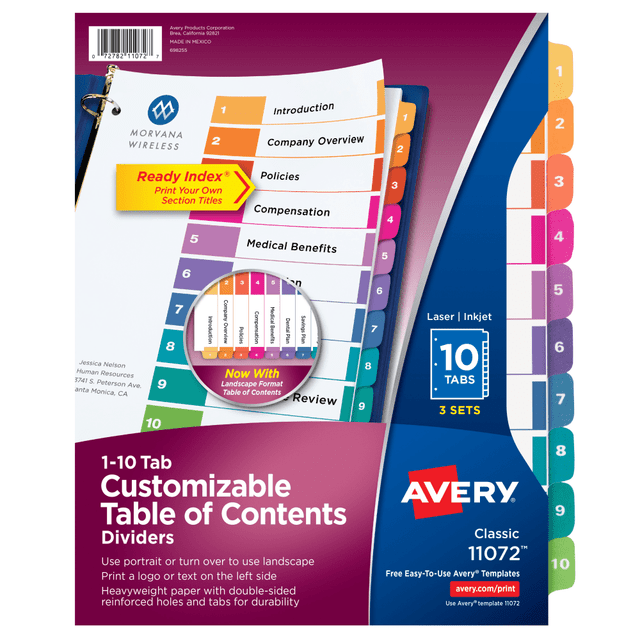 AVERY PRODUCTS CORPORATION 11072 Avery Ready Index 1-10 Tab Binder Dividers With Customizable Table Of Contents, 8-1/2in x 11in, 10 Tab, White/Multicolor, Pack Of 3 Sets