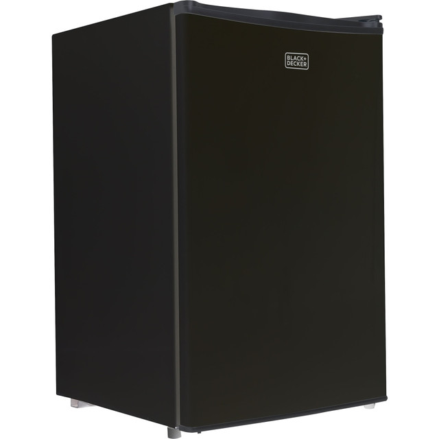 Outfit your college dorm, RV, garage or office with a Black & Decker 4.3 Cu. Ft. Compact Refrigerator. Ample interior storage accommodates beverages, vegetables, frozen dinners and more with adjustable temperature control to suit your every need.  Adjustable temperature control down to 32 deg. Fahrenheit at the lowest setting.  2 removable glass shelves expand storage space.  Vegetable drawer with glass cover helps keep veggies fresh.  Additional door storage fits six 12 oz cans, 1 full-width and 2 half-width storage shelves and 2-liter storage for taller bottles.  Compact freezer fits ice packs, frozen dinners and the included ice tray.  Recessed door handle and reversible door.  Leveling legs keep the unit stable.  Low sound operation at 45dB.  Backed by the manufacturers 1-year limited warranty.  Eco-conscious choice - has one or more meaningful eco-attributes or eco-labels.  Energy efficient - designed to use less energy than alternative products, potentially helping you save money and reduce your carbon footprint.