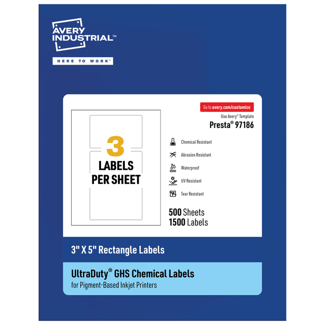 AVERY PRODUCTS CORPORATION 97186-WMUI500 Avery Ultra Duty Permanent GHS Chemical Labels, 97186-WMUI500, Rectangle, 3in x 5in, White, Pack Of 1,500 AVERY PRODUCTS CORPORATION 97186-WMUI500 Avery Ultra Duty Permanent GHS Chemical Labels, 97186-WMUI500, Rectangle, 3in x 5in, White, Pack Of 1,500