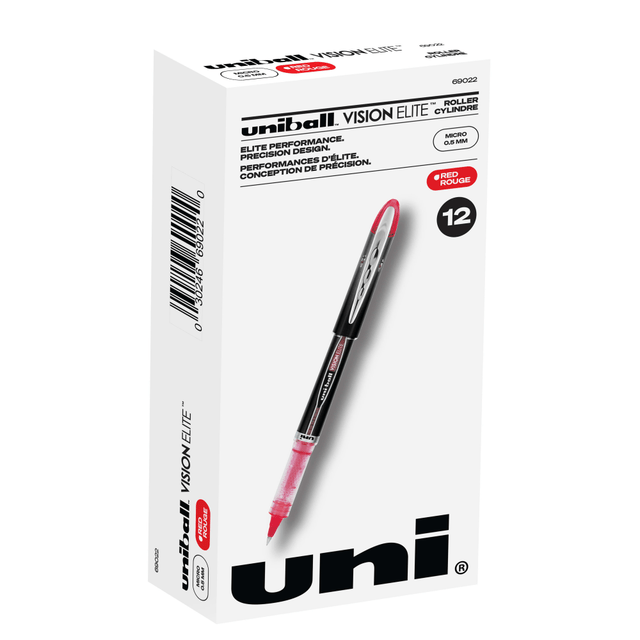 NEWELL BRANDS INC. 69022 uni-ball Vision Elite Liquid Ink Rollerball Pens, Micro Point, 0.5 mm, Black Barrel, Red Ink, Pack Of 12