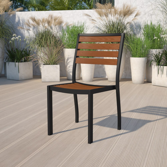 FLASH FURNITURE XUDGHW6036  Lark Outdoor Faux Teak Poly Slat Armless Side Chair, Teak/Black