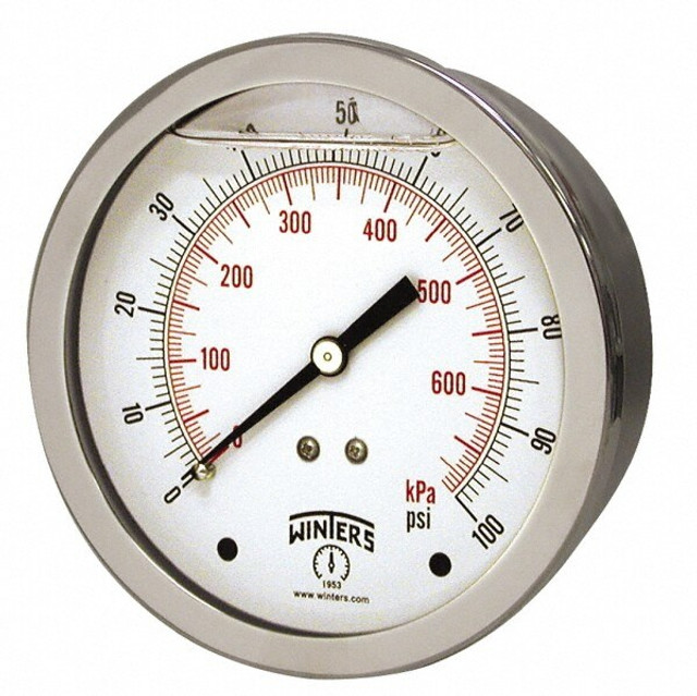 Winters PFQ904 Pressure Gauge: 2-1/2" Dial, 0 to 100 psi, 1/4" Thread, NPT, Center Back Mount