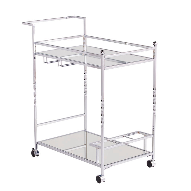 SOUTHERN ENTERPRISES, INC. SEI Furniture HZ3586  Ivers 2-Shelf Mirrored Bar Cart, With Bottle Holders And Stemware Racks, 31-1/2inH x 29inW x 15-3/4inD, Chrome