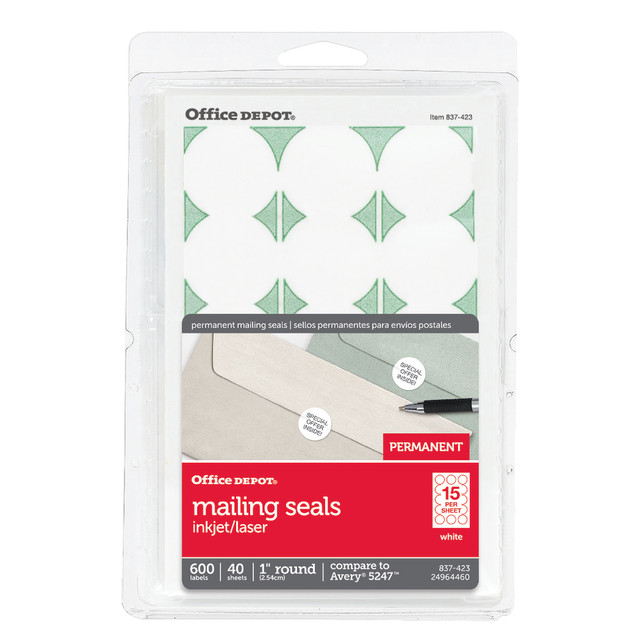 OFFICE DEPOT OD98796  Brand Permanent Mailing Seals, 1in Diameter, White, Pack Of 600