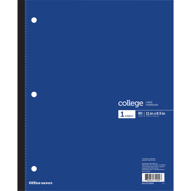 OFFICE DEPOT CJV202241  Brand Wireless Notebook, 8-1/2in x 11in, 1 Subject, College Ruled, 80 Sheets, Blue