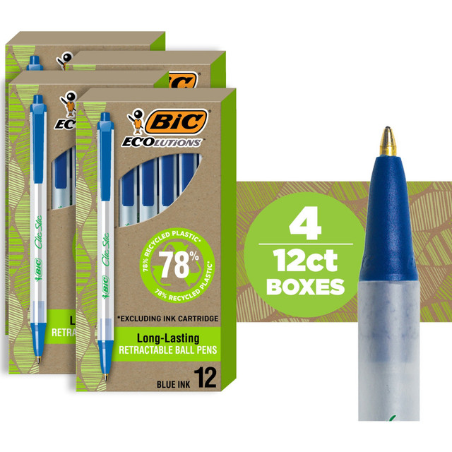 BIC CORP No Brand CSEM48BE BIC Ecolutions Clic Stic Ballpoint Pen - Medium Pen Point - 1 mm Pen Point Size - Retractable - Blue - Semi Clear Barrel - 48 / Pack
