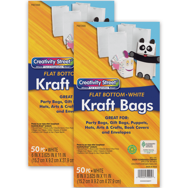 EDUCATORS RESOURCE Creativity Street PAC72005-2  Kraft Bags, 6in x 3-5/8in x 11in, White, 50 Bags Per Pack, Set Of 2 Packs