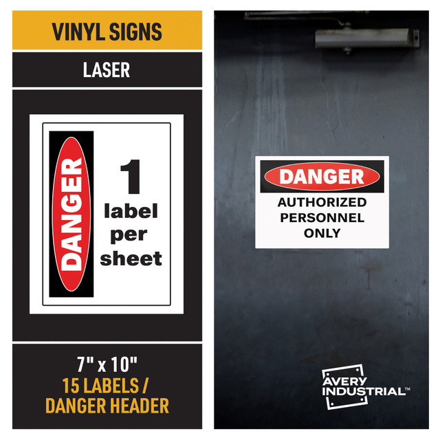 AVERY PRODUCTS CORPORATION 61553 Avery Industrial Adhesive Vinyl Signs, 61553, Danger Header, 10inW x 37inD, White, Pack Of 15 Signs