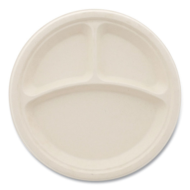 BOARDWALK PLT3C10NPFA Bagasse PFAS-Free Dinnerware, 3-Compartment Plate, Sugarcane, 10" dia, Tan, 500/Carton