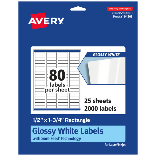 AVERY PRODUCTS CORPORATION 94203-WGP25 Avery Glossy Permanent Labels With Sure Feed, 94203-WGP25, Rectangle, 1/2in x 1-3/4in, White, Pack Of 2,000