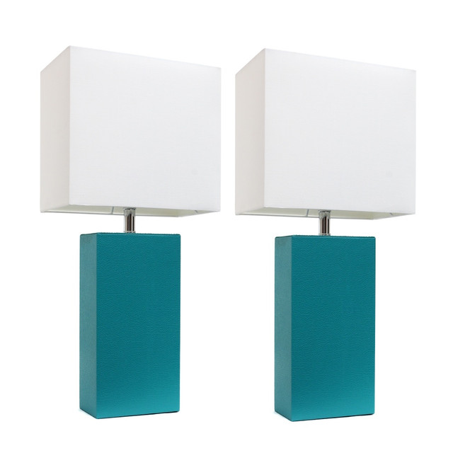 ALL THE RAGES INC LC2000-TEL-2PK Elegant Designs Modern Leather Table Lamps, 21inH, White Shade/Teal Base, Set Of 2 Lamps