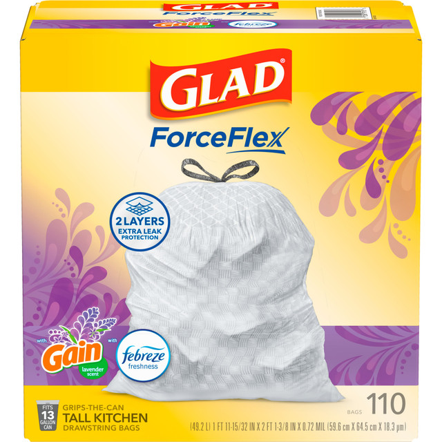 THE PROCTER & GAMBLE COMPANY CLO79157 Glad ForceFlex Tall Kitchen Drawstring Trash Bags, 13 Gallon, Gain Lavender with Febreze Freshness, 110 Count THE PROCTER & GAMBLE COMPANY CLO79157 Glad ForceFlex Tall Kitchen Drawstring Trash Bags, 13 Gallon, Gain Lavender with Febreze Freshness, 110 Count