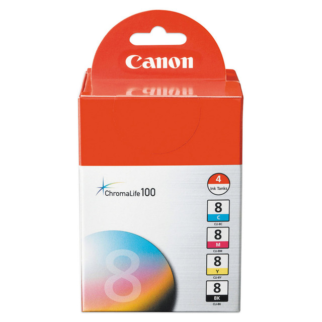 CANON USA, INC. 0620B010 Canon CLI-8 ChromaLife 100 Black And Cyan, Magenta, Yellow Ink Cartridges, Pack Of 4, 0620B010