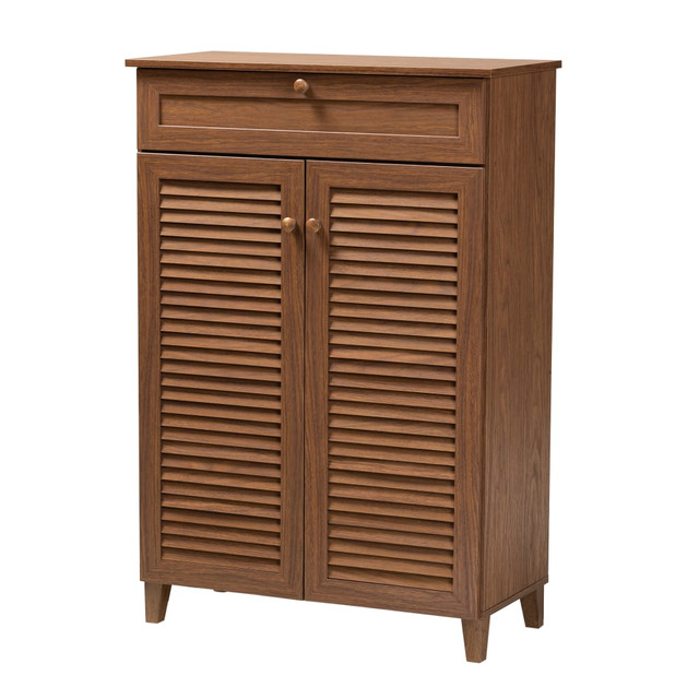 WHOLESALE INTERIORS, INC. 2721-9389 Baxton Studio Coolidge Finished 5-Shelf Wood Shoe Storage Cabinet With Drawer, Walnut WHOLESALE INTERIORS, INC. 2721-9389 Baxton Studio Coolidge Finished 5-Shelf Wood Shoe Storage Cabinet With Drawer, Walnut