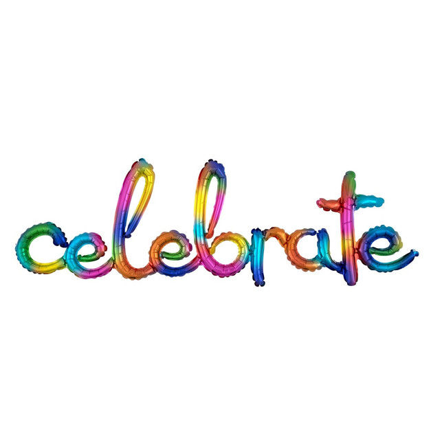 AMSCAN CO INC 3918331 Amscan "Celebrate" Cursive Balloon Banner, 59in x 20in, Rainbow