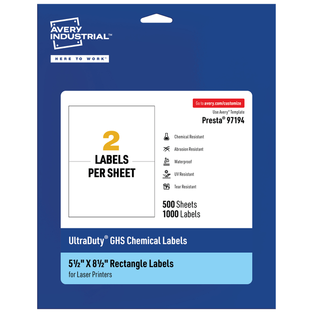 AVERY PRODUCTS CORPORATION 97194-WMU500 Avery Ultra Duty Permanent GHS Chemical Labels, 97194-WMU500, Rectangle, 5-1/2in x 8-1/2in, White, Pack Of 1,000 AVERY PRODUCTS CORPORATION 97194-WMU500 Avery Ultra Duty Permanent GHS Chemical Labels, 97194-WMU500, Rectangle, 5-1/2in x 8-1/2in, White, Pack Of 1,000