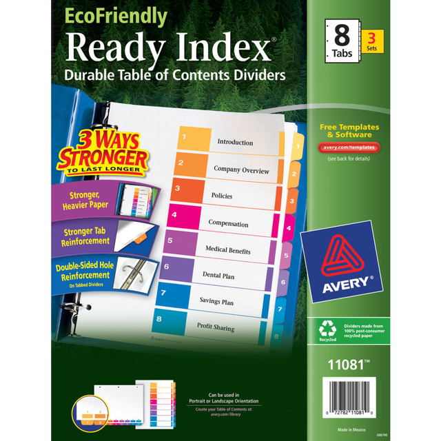 AVERY PRODUCTS CORPORATION 11081 Avery Ready Index Eco-Friendly 100% Recycled Dividers, 1-8 Tabs & Customizable Table Of Contents, Letter Size, White Dividers/Multicolor Tabs, Pack Of 3 Sets