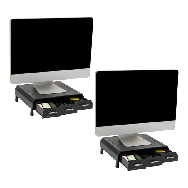 EMS MIND READER LLC 2MONSTA3D-BLK Mind Reader Monitor Stand 3 Storage Drawers Desktop Organizers, 4inH x 13inW x 13-1/2inD, Black, Set of 2 Stands