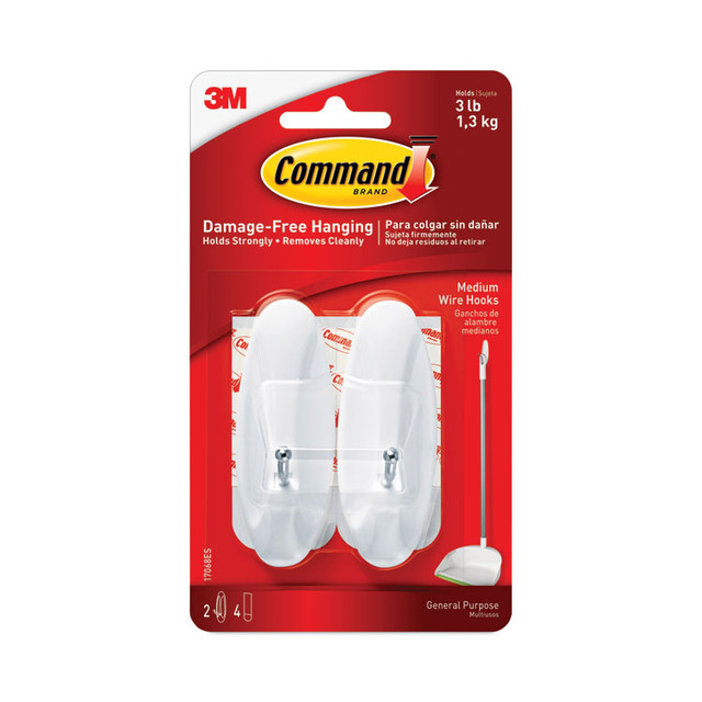 3M/COMMERCIAL TAPE DIV. Command™ 17068ES General Purpose Wire Hooks, Medium, Metal, White, 3 lb Capacity, 2 Hooks and 4 Strips/Pack