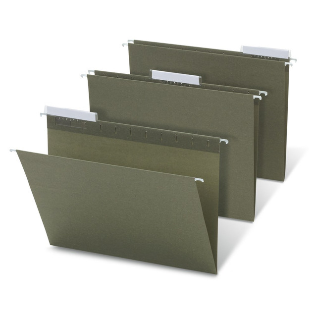 Looking to reorganize your offices drawers and cabinets with hanging files? Office Depot hanging folders highlight your eco-conscious choice and will help keep your documents organized and increase office efficiency.  A well organized file system helps you get more done and save time.  Standard green hanging file folders keep important papers neat and organized.  Hanging folders include blank inserts.  Clear tabs are PVC-free and made from R-PET (Recycled Poly Ethylene Terephthalate).  Letter-size (8 1/2in x 11in) folders with 1/3 tab cut hold your files.  Green hanging folders come in a pack of 25.  Contains Recycled Content - See Specs for Details.